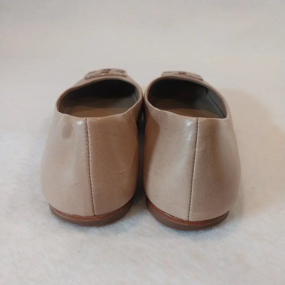 Tory Burch Flat Shoes Size 6 Beige Leather Logo Ballerina Slip On Nude.